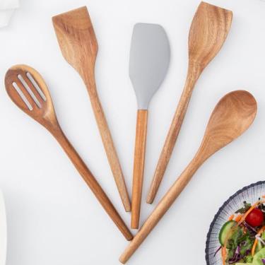 Imagem de Decent Vrvege Conjunto de utensílios de cozinha de madeira, colheres de madeira para cozinhar, utensílios de cozinha antiaderentes, colher de cozinha de silicone, espátula, espátula com fenda