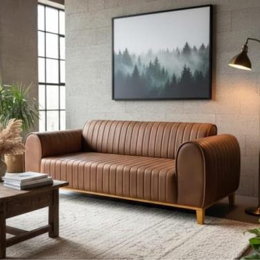 Imagem de Sofá Living Átila, 2,30 Metros, Design Retrô. (Couro - Caramelo)