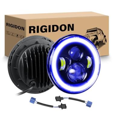 Imagem de RIGIDON 2 peças de faróis redondos de LED de 17,8 cm, 4 faróis de motocicleta de LED brancos, farol alto/baixo, halo azul, luz angular para Wrangler JK TJ LJ CJ Motocicleta Davidson