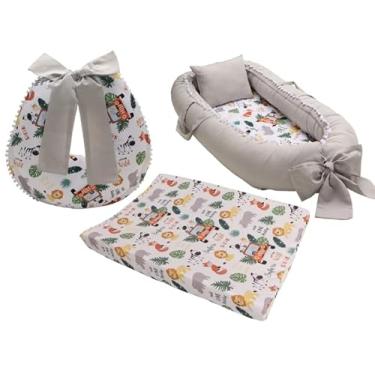 Imagem de Kit Berço 3 Peças, Ninho Redutor, Almofada de Amamentação, Trocador para Menino (safari)