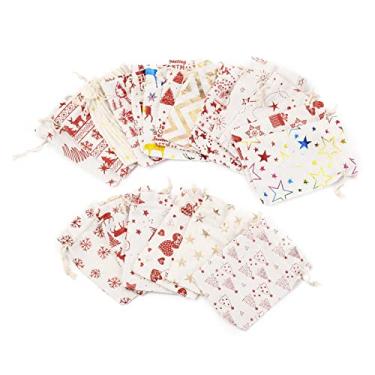 Imagem de 5 peças de sacos de presente de Natal com cordão retangular de tecido de doces de Natal saco de embrulho reutilizável para festa de Natal, lanches, enfeites de presente, suprimentos de 14 x 10 cm