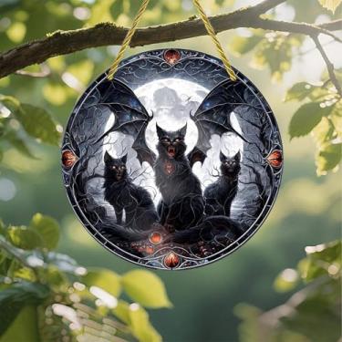 Imagem de Acrílico colorido Suncatcher, Halloween gatos alados cena iluminada pela lua 18 cm janela suspensa decoração de parede com design de estilo vitral impresso, ideia de presente e ornamento de jardim uso