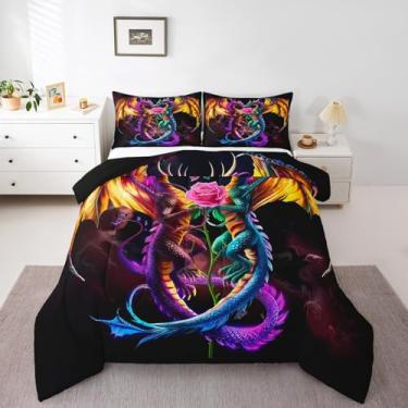 Imagem de Erosebridal Conjunto de edredom com estampa de dragão e rainha e rosa rosa para crianças, meninos, meninas, vida selvagem mágica, sonhador, dragão ocidental
