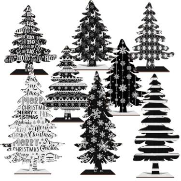 Imagem de Cinrobiye 8 peças de decoração de mesa de Natal, árvore de Natal preta e branca, centros de mesa, casa de fazenda, madeira rústica, árvores de Natal para casa, lareira e decoração de festa de inverno
