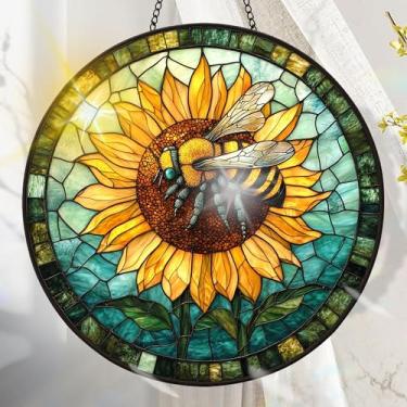 Imagem de Suncatcher acrílico colorido, decoração de janela suspensa de girassol com design de vitral impresso, apanhador de sol, arte de parede de arco-íris, ideia de presente e ornamento de jardim, uso