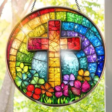 Imagem de Apanhador solar de acrílico colorido, decoração de janela suspensa de Cristo com design de vitral impresso, apanhador de sol, arte de parede de arco-íris, ideia de presente e ornamento de jardim para