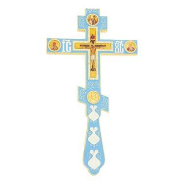 Imagem de RZRHMUHN Cruz de bênção ortodoxa de 26 cm, cruz de mão ortodoxa, crucifixo bizantino de metal, presente de fé, primeira comunhão, batismo, oração (azul claro)