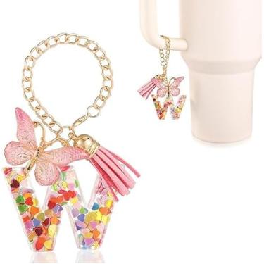 Imagem de Acessórios de copo com pingente de letra, decoração de copo de alfabeto fofo com alça de caneca, pingentes de decoração com borboleta, para Stanley Tumblers, mulheres, meninas, presente (W)