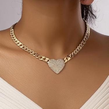 Imagem de Colar com pingente dourado em forma de coração com colar de diamante completo cintilante, corrente cubana de strass, joia de festa feminina, presente