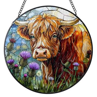 Imagem de Vitral pendurado, vitral de vaca Highland, apanhadores de sol, painel de vidro para janelas internas, decoração de pendurar no jardim, aniversário para mulheres e homens