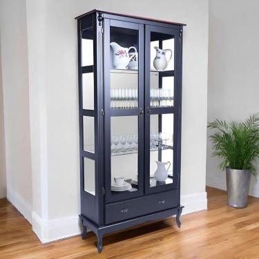 Imagem de Cristaleira De Madeira Espelho 2 Portas 3 Prateleiras 1 Gaveta Pés Luiz Xv - Preto Laca Com Tampo Castanho Envelhecido