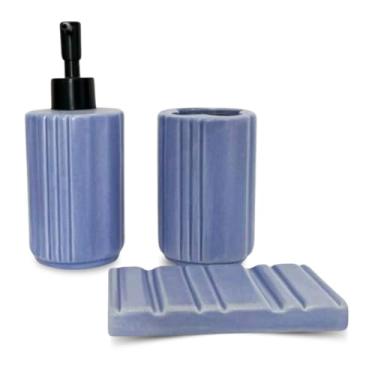 Imagem de Kit Banheiro 3 Peças de Ceramica Despenser Porta Escovas Saboneteira (Azul)
