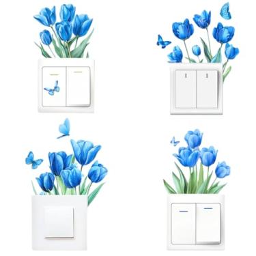 Imagem de GORGECRAFT Adesivos de interruptor de tulipas azuis, 8 peças, 4 estilos, adesivos de PVC com soquete de PVC, estampa de borboleta, padrão de borboleta, à prova d'água, arte para casa, escritório, sala