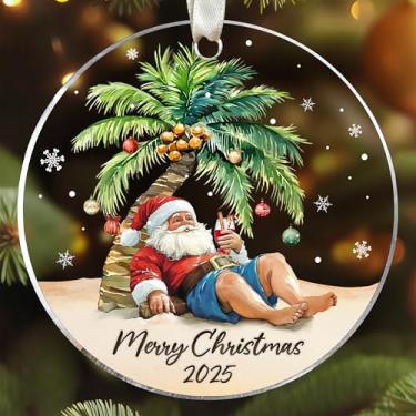 Imagem de UMACVN Ornamento tropical de palmeira de Natal - Enfeites de Natal de palmeira - Enfeites de praia costeira tropical engraçados 2025 - Ornamento acrílico 2025