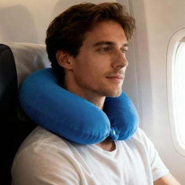 Imagem de Travesseiro de viagem de espuma viscoelástica para viagem, travesseiro de avião para viagem, carro, casa, escritório, capa lavável, Azul-celeste