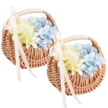 Imagem de Conjunto de 2 cestas para meninas de flores - cestas pequenas de vime de vime para casamento com alça e forro de plástico, armazenamento de pétalas de doces para decoração de casa, artesanato faça