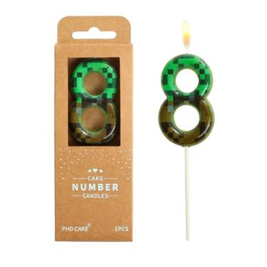 Imagem de PHD CAKE Velas de aniversário com número de 8 pixels, número de 6 cm, velas verdes com número de mineiro, velas com número de bolo, celebração de festa, vela estilo