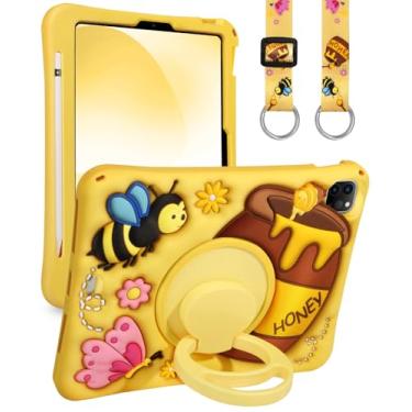 Imagem de Boaretiu Capa para iPad Air de 11 polegadas M3 2025 e M2 2024 - Linda com alça de ombro e suporte giratório e suporte de lápis para meninas e meninos silicone amarelo para Air 5ª/4ª geração 2022/2020