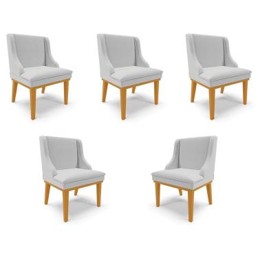 Imagem de Kit 5 Cadeiras Decorativas Sala De Jantar Base Fixa De Madeira Firenze Linho Cinza/castanho G19