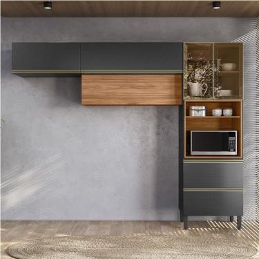 Imagem de Armário de Cozinha Compacta com 2 Vidros Reflecta Proença 5 Portas 2 Gavetas Nogueira e Carbono