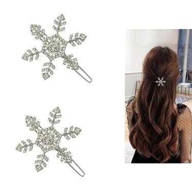 Imagem de Grampos de cabelo prateados de floco de neve de Natal com strass para mulheres, 2 peças, flocos de neve, prendedor de cabelo, fantasia de floco de neve, acessórios de cabelo para mulheres e meninas