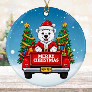 Imagem de DamienBrightGift Enfeite de Natal de Papai Noel urso polar - Caminhão vermelho de cerâmica com decoração de árvore - Presente de lembrança de feriado de animal de inverno fofo - Decoração de Natal