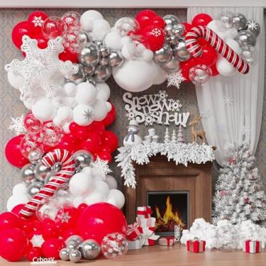 Imagem de Kit de guirlanda de arco de balão de Natal com 144 peças, balões de látex de floco de neve transparentes e prateados vermelhos e brancos com balões de folha de bengala doce para Natal, inverno, país