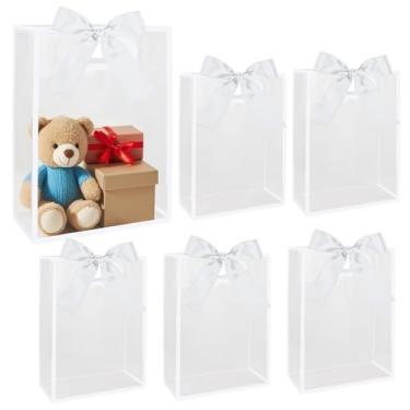 Imagem de 6 peças de sacos de presente de plástico transparente com alças, sacos de lembrancinha de festa de PP reutilizáveis com fita, embalagem de presente branca aparada a granel para casamento, chá de