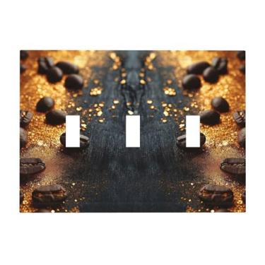 Imagem de LuHuoLu Placa decorativa para interruptor de luz, placa de madeira preta, pó dourado, grãos de café, placa de parede de 3 grupos, placa de cobertura de interruptor triplo grande para decoração de casa