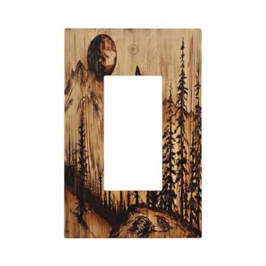 Imagem de DWBGUO Capas decorativas de tomada com placa de madeira marrom esculpida com paisagem de floresta de montanha 1 gangue capas de interruptor de luz decora único dispositivo GFCI placa de parede para