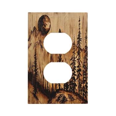 Imagem de DWBGUO Capas decorativas de tomada com placa de madeira marrom esculpida com paisagem de floresta de montanha 1 gangue placa de cobertura de interruptor de luz dupla placas de parede exclusivas para