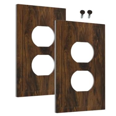 Imagem de Wmhusu Capas de tomada marrom rústico grão de madeira fazenda 1 gangue placa de cobertura de interruptor de luz dupla placas decorativas de parede placa elétrica receptáculo para decoração de quarto