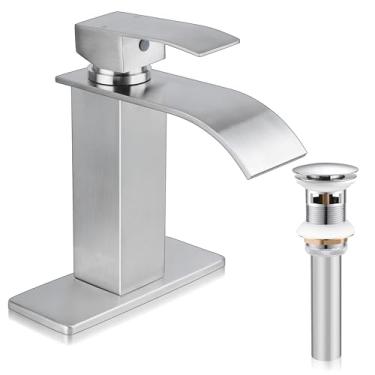 Imagem de Torneira de banheiro cachoeira 3 furos, Homikit 18/10 aço inoxidável escovado níquel escovado conjunto de torneiras de pia de banheiro para pia 1 ou 3 furos para vaidade RV com dreno, ganchos, placa