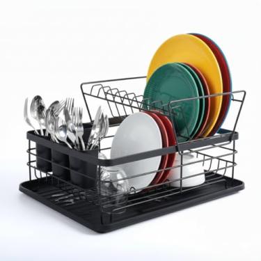 Imagem de Escorredor de Louças Duplo em Metal, 2 Andares, Preto Fosco, com Suporte para Talheres e Bandeja Coletora, 22x29x39cm, para Cozinha