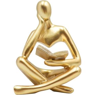 Imagem de Chiorgone Escultura de leitura abstrata dourada - Estátua de mesa de resina para decoração de escritório doméstico e presente intelectual (pose direita contemplativa)