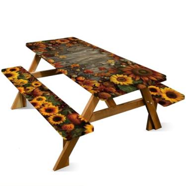 Imagem de ANNA QUEEN Conjunto de capa de mesa de piquenique com girassol de 1,82 m x 76 cm, à prova d'água, banco e toalha de mesa, proteção de móveis para acampamento, praia, churrasco, pátio, quintal (fazenda