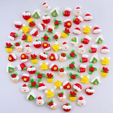 Imagem de Mini enfeites de resina de Natal, 80 peças, chapéu de Natal, design de sino de Papai Noel, retalhos de resina para artesanato DIY, capa de telefone, scrapbook (vermelho)