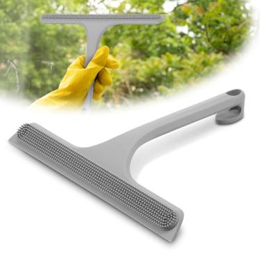 Imagem de Rodo de chuveiro de silicone 2 em 1 com gancho design de dupla face com silicone e rodo de janela central de aço inoxidável fosco fino para espelho de carro (cinza, 1)