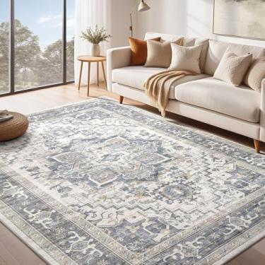 Imagem de Tapete lavável 19 x 23 cm: boho vintage envelhecido medalhão oriental neutro fino grande tapete para sala de estar, quarto, sala de jantar, decoração de escritório em casa - azul claro