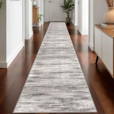 Imagem de KOZYFLY Tapete moderno abstrato lavável corredor 2,6x18 tapete corredor tapete antiderrapante macio tapete de corredor de cozinha, tapete listrado cinza-bege para entrada, banheiro, lavanderia, hall
