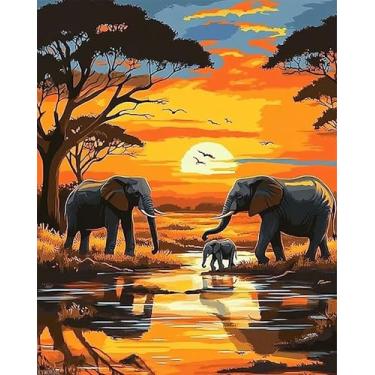 Imagem de A Family of Elephants in the Forest Paint by Numbers for Adults Beginners Orange Sunset DIY Kits de pintura acrílica em tela, cores fortes, pintura a óleo para decoração de casa, 41 x 50 cm (sem