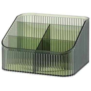Imagem de Organizador de maquiagem em verde transparente, suporte de cosméticos com 5 seções divididas, caixa listrada para bancadas de banheiro ou quarto