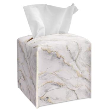 Imagem de Capa de caixa de lenços quadrada, suporte de caixa de lenços de mármore em ouro branco com cinto inferior, suporte de papel facial de couro para bancada de banheiro, mesinhas de cabeceira, mesa de