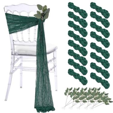 Imagem de SoarDream Faixa de cadeira de gaze verde esmeralda, 16 peças, capa de cadeira com eucalipto artificial para decoração de festa de recepção de banquete de casamento