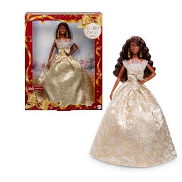 Imagem de Barbie Signature Barbie Feliz festas 2025 boneca de moda com cabelo preto, com vestido dourado e prateado, boneca de temporada para colecionadores, inclui embalagem para expor e suporte, JBJ01