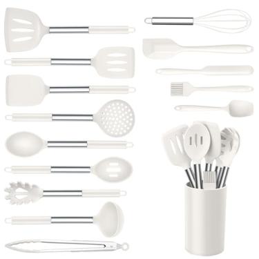 Imagem de Onader Conjunto de utensílios de cozinha de silicone, 15 peças, conjunto de utensílios de cozinha de silicone branco com suporte, inclui espátula resistente ao calor, espátula, espátula, espátula e
