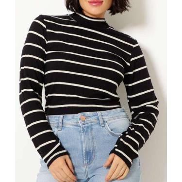 Imagem de Blusa Feminina Listrada Gola Alta Manga Longa Marisa-82206, PP, Preto