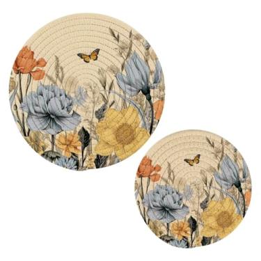 Imagem de Blueangle 2 peças de porta-panelas coloridas de flores silvestres - conjunto de pegadores de panela de tecido redondo - almofadas quentes trançadas de algodão - porta-copos - tapetes de mesa para