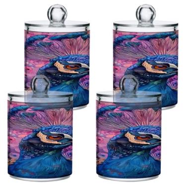 Imagem de ATTX Dispensador de suporte de ponta de pavão em aquarela para bola de algodão, cotonete, frasco de boticário de plástico transparente, pote de armazenamento de cozinha para decoração de casa, pacote