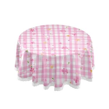 Imagem de SEHANY Toalha de mesa redonda com flores xadrez rosa 152 cm, tecido lavável sem rugas, toalha de mesa redonda com renda decorativa para restaurante, casamento, acampamento, festa Fiesta Cinco de Mayo